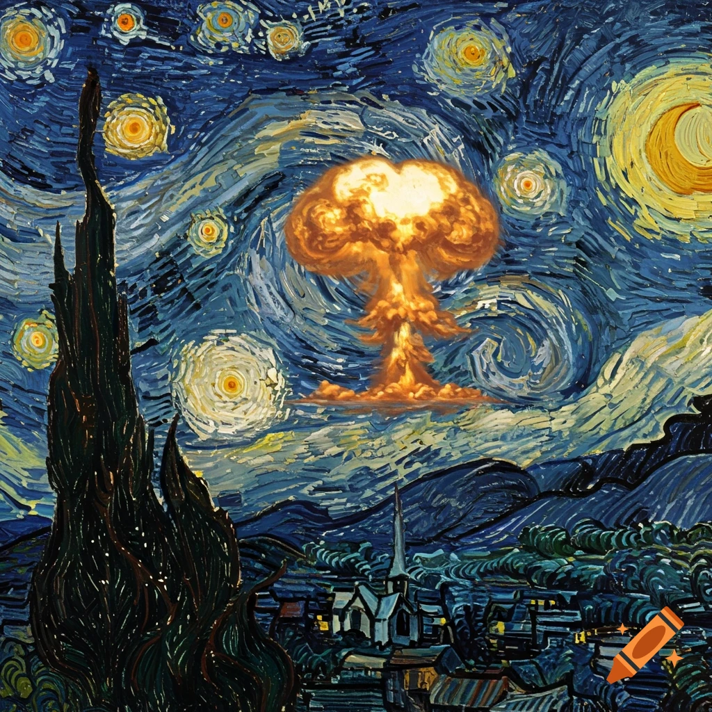 Painting in Van Gogh style of a starry night sky with a mushroom cloud explosion.