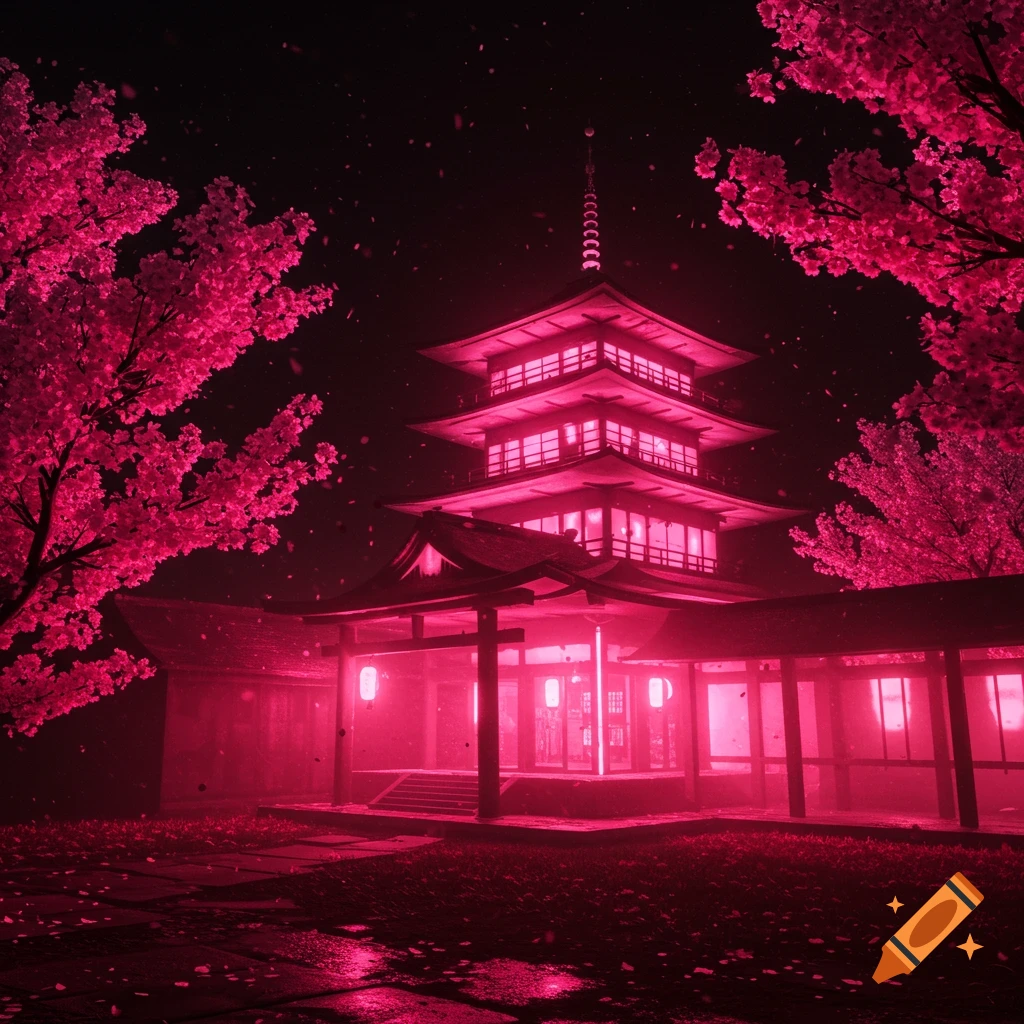 A Japanese pagoda glows pink at night with pink cherry blossoms and falling petals around it.