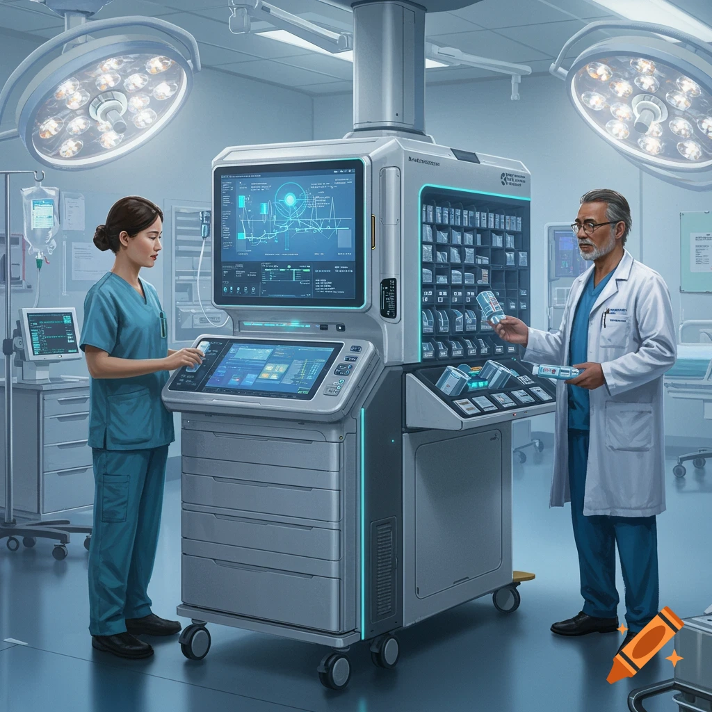 Two medical professionals stand next to a large medication cart in a hospital room.