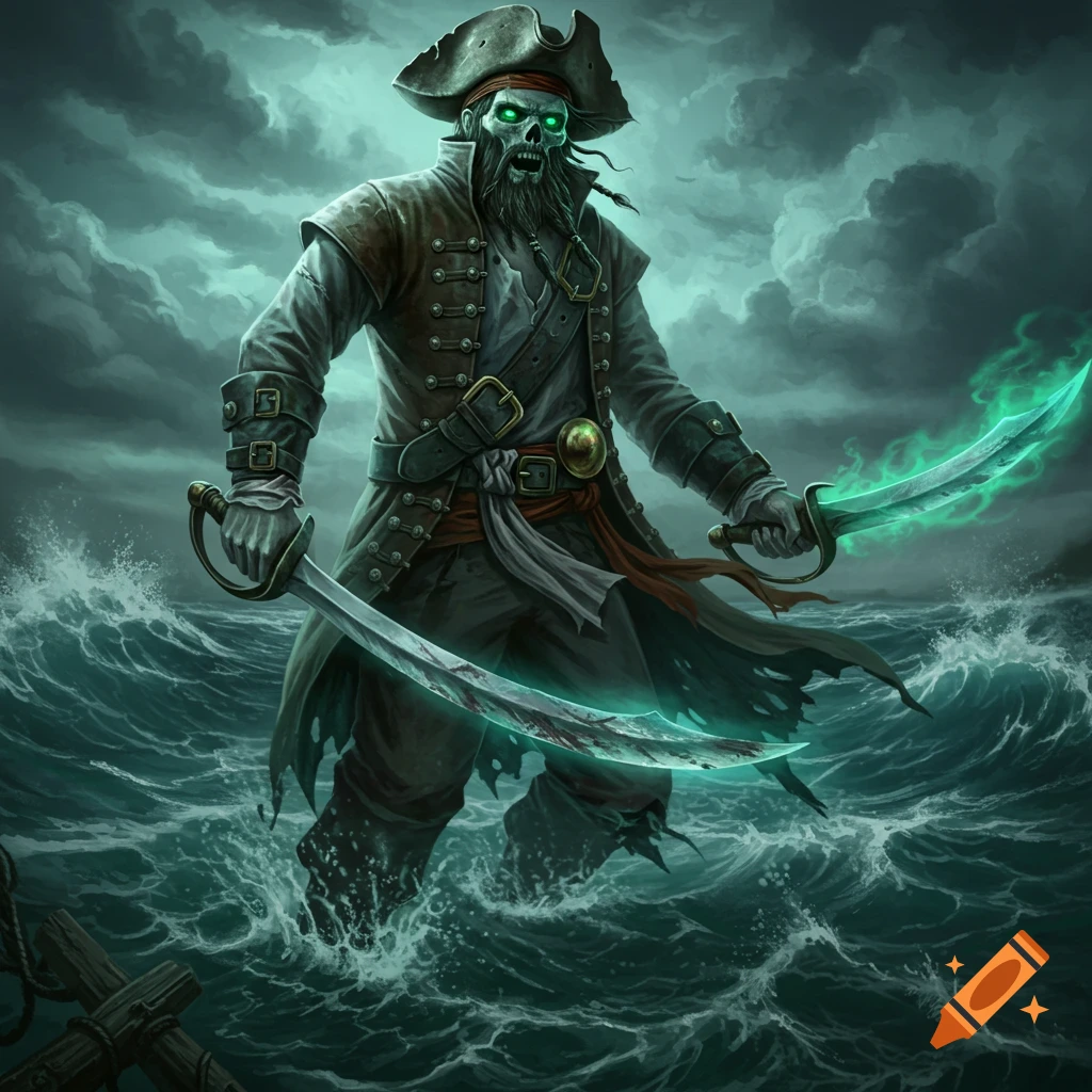 Skeletal pirate ghost in stormy seas holding glowing swords