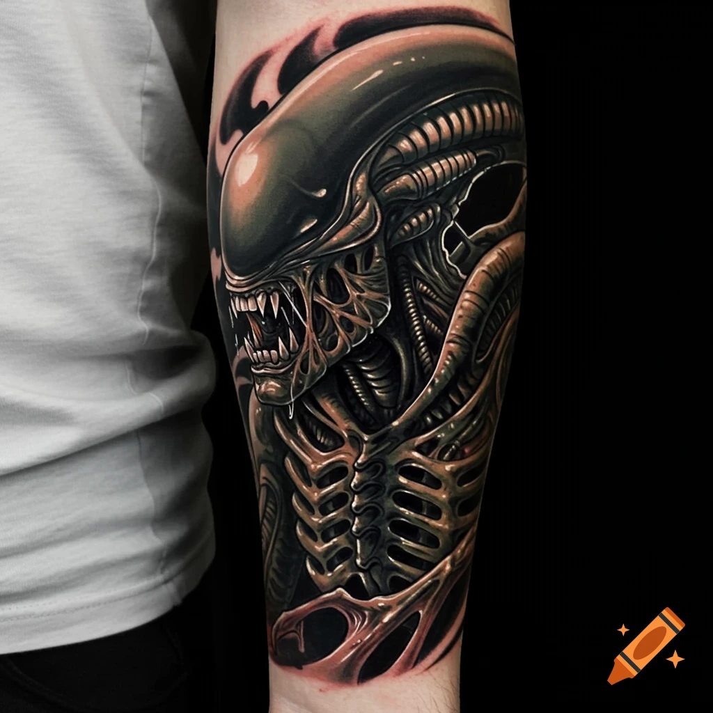 Detailed xenomorph tattoo on a person's arm