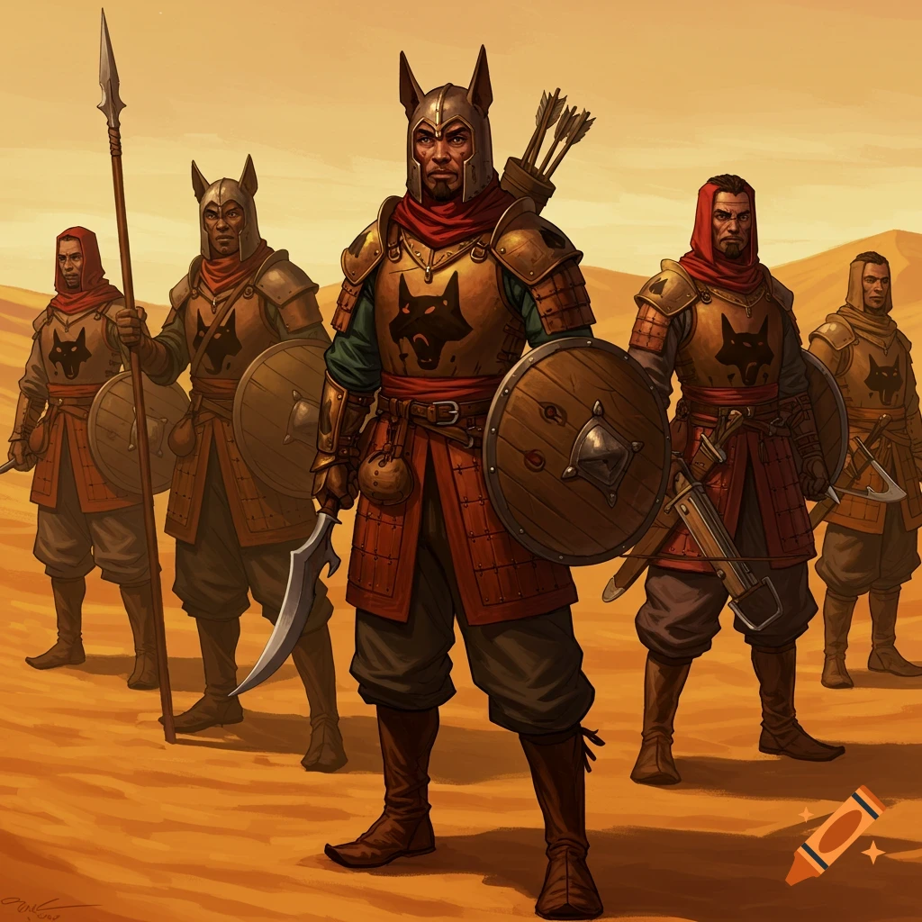 fantasy desert guards in armor with dog head insignia
