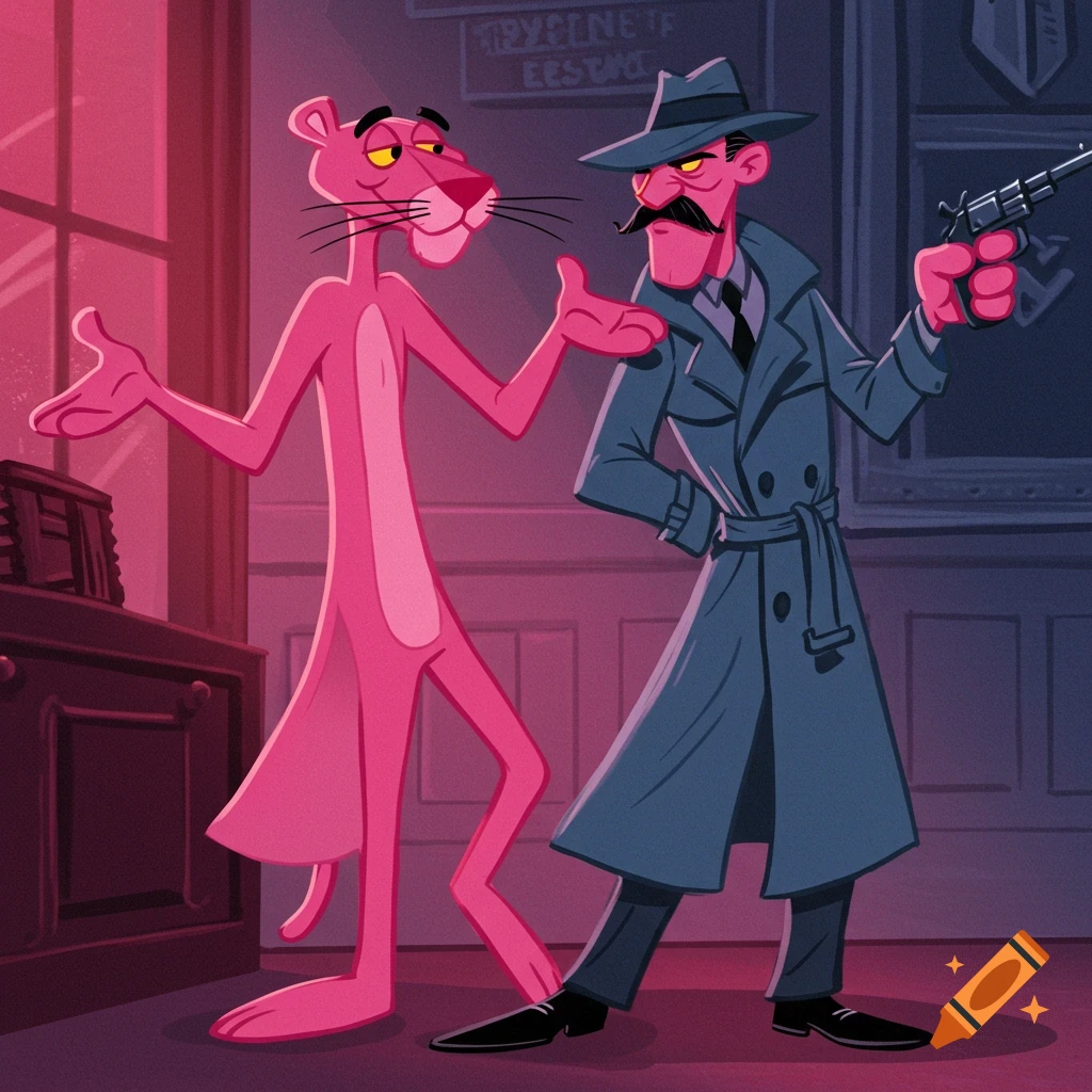 Pink Panther talks with a detective in a room. Cartoon style.