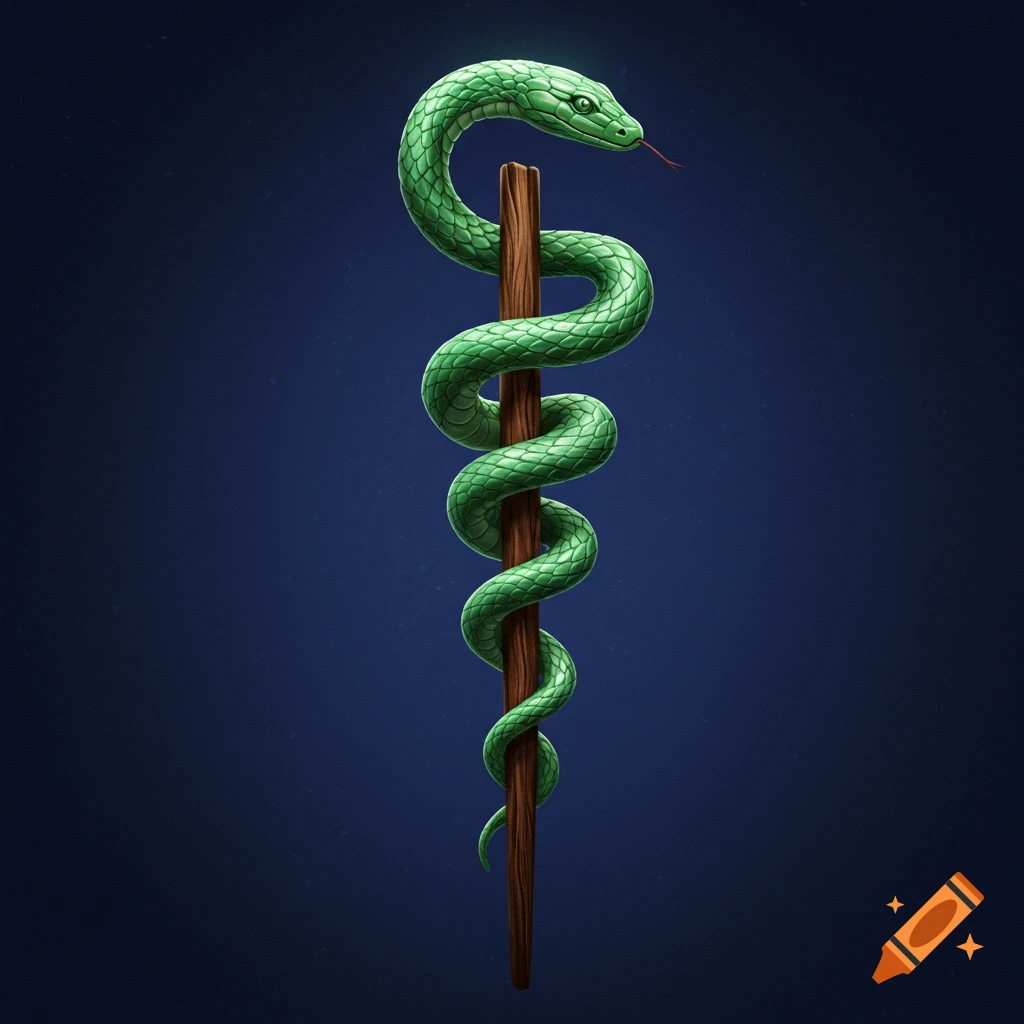 A green snake coiled around a wooden staff, the symbol of medicine.