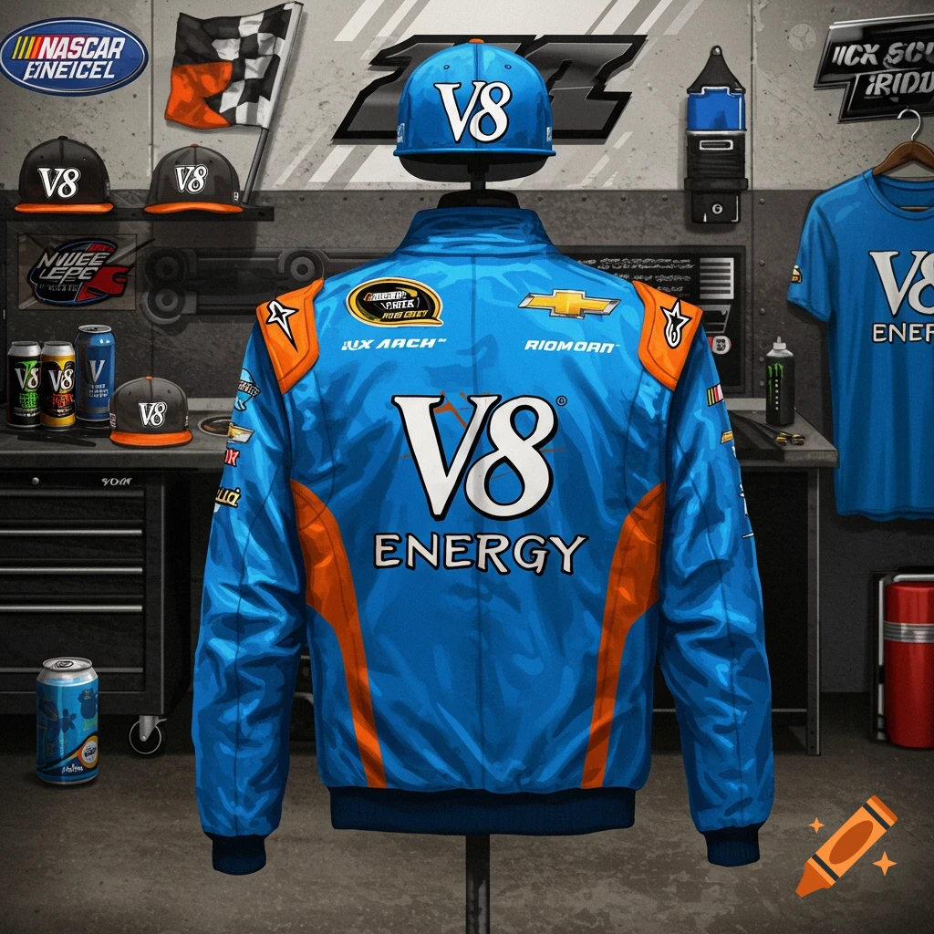 Blue and orange NASCAR merchandise, including a jacket, hats, and a shirt, branded with V8 Energy logos, are displayed in a garage setting.
