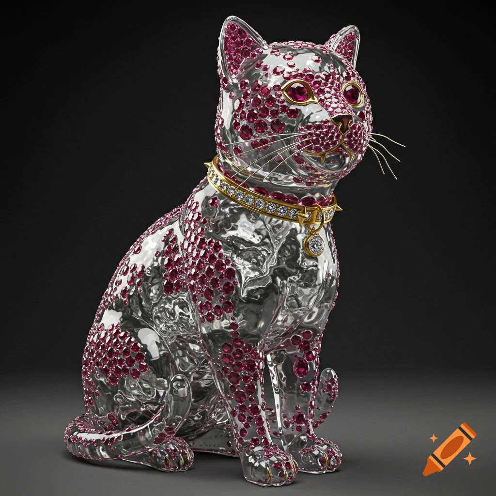 Sculpture of a cat made of clear material adorned with rubies and diamonds, wearing a gold collar.