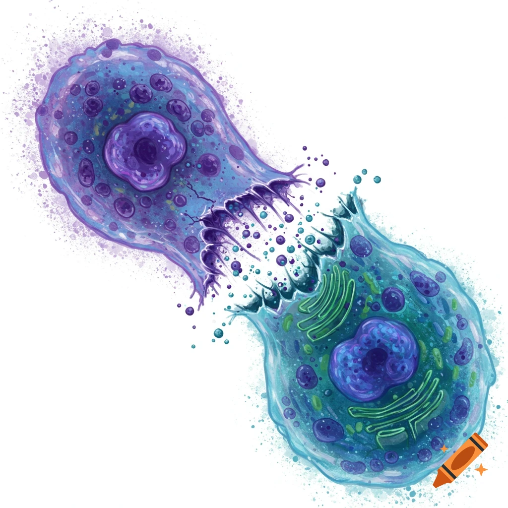 Cell undergoing division on a white background.