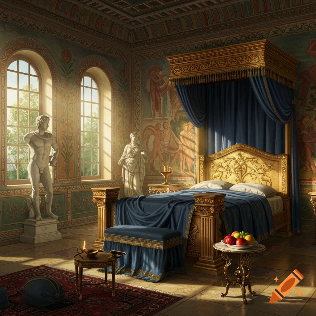 Ancient Greek royal bedroom with statues, a large bed, and sunlight streaming through windows.