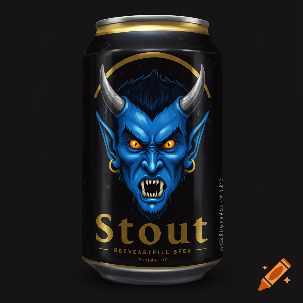 A black beer can with a blue devil head logo and the word Stout.