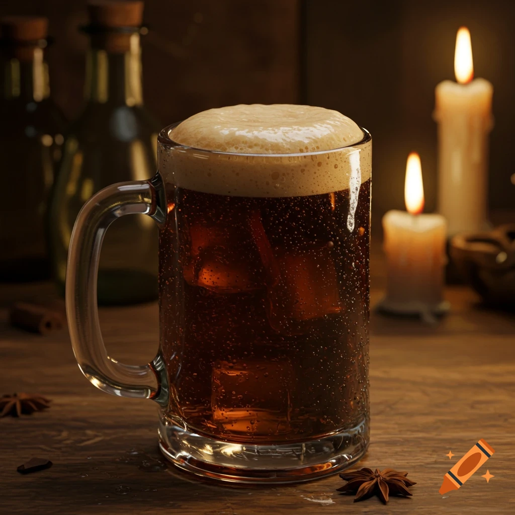 A mug of dark, frothy root beer with ice and bubbles on a wooden table, lit by candles.