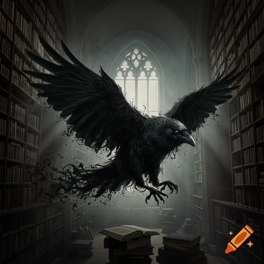 A large black ink crow flying in a gothic library with tall bookshelves and stacks of books