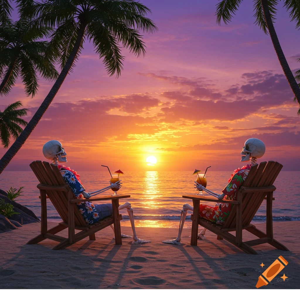 Two skeletons in Hawaiian shirts relaxing on a beach watching the sunset.