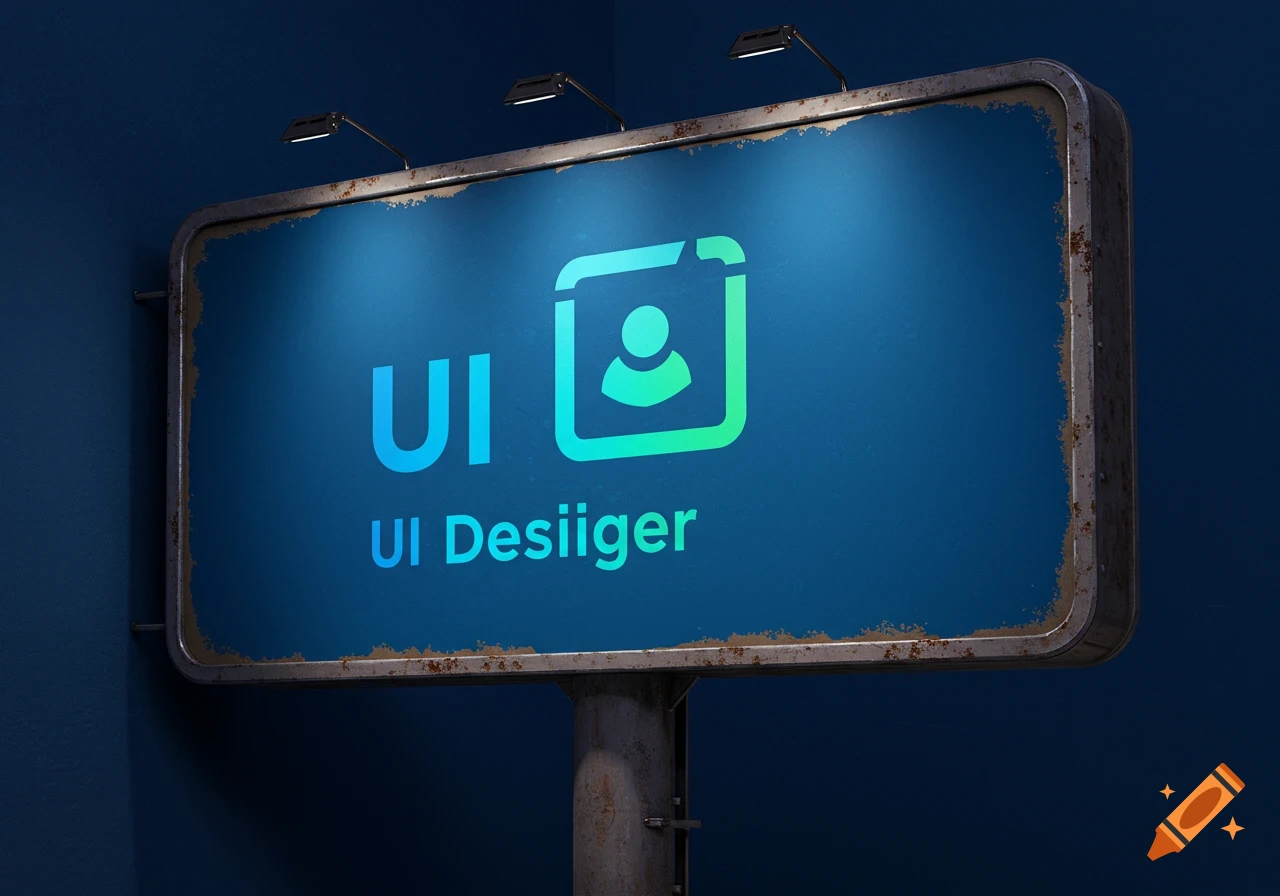 A billboard with a UI designer logo and text