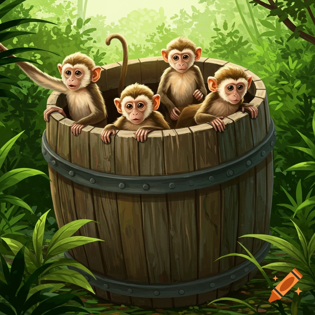 Four baby monkeys peek out of a wooden barrel in a lush, green jungle.