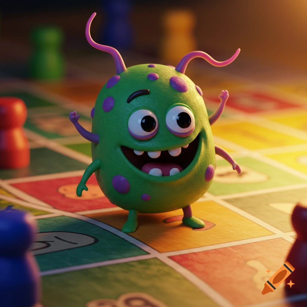 A cute green cartoon monster stands on a board game, with colorful pawns.