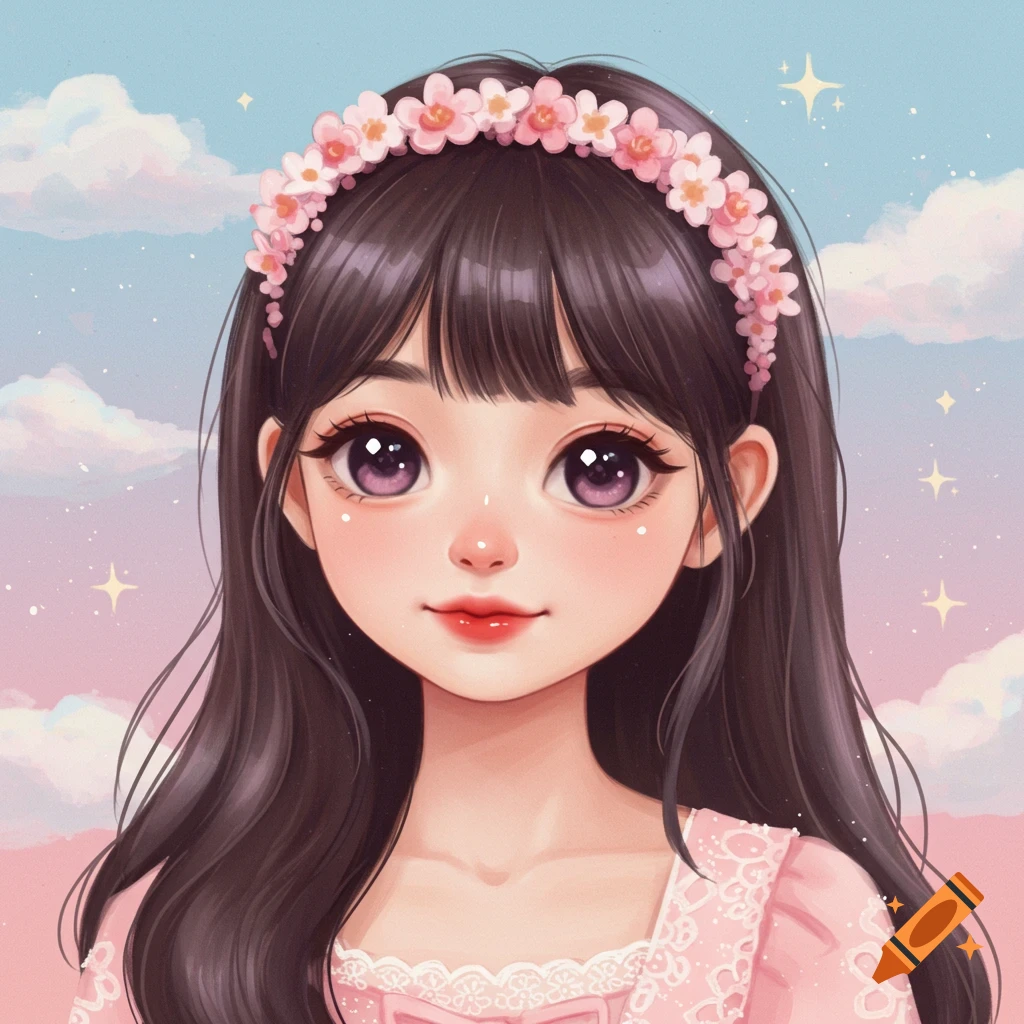 A cute girl with dark hair and a pink flower headband against a pastel sky.