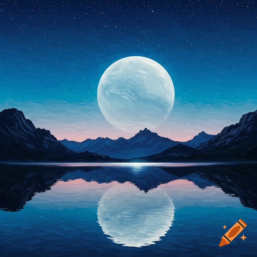 A large moon hangs over a mountain lake at night, with stars scattered across a blue sky.