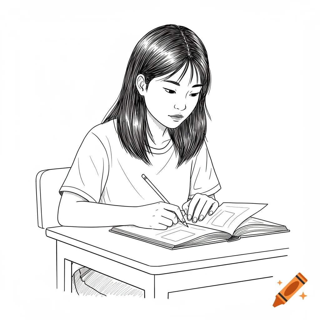 Line drawing of a young girl studying at a desk with a book and pencil.