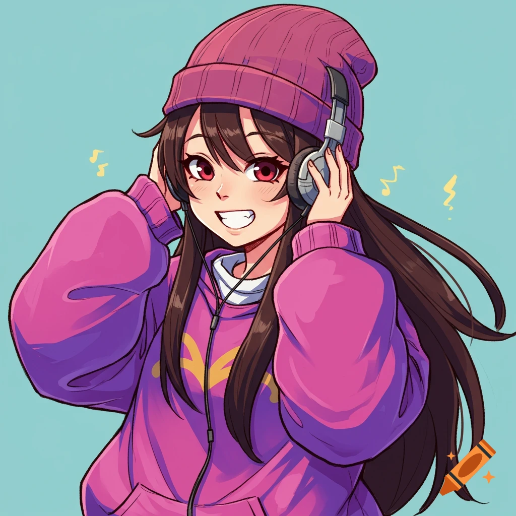 Anime girl with beanie and headphones listening to music