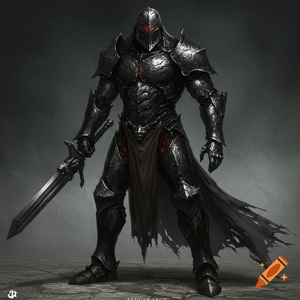 A dark fantasy warrior in black, imposing armor holding a large sword.
