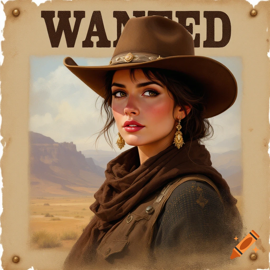 A woman in a cowboy hat on a wanted poster with "WANTED" text.