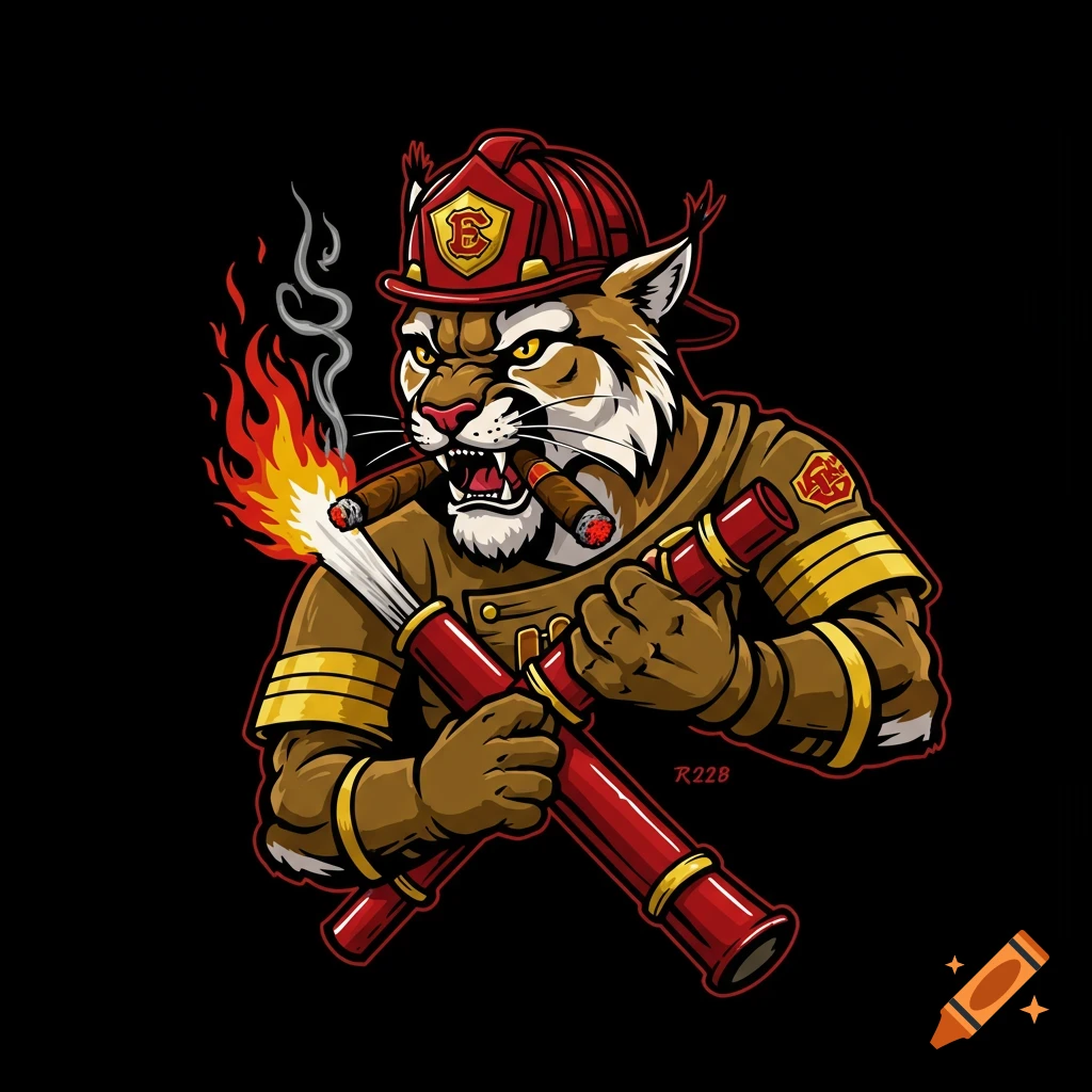 Illustration of a cougar firefighter smoking cigars and holding equipment