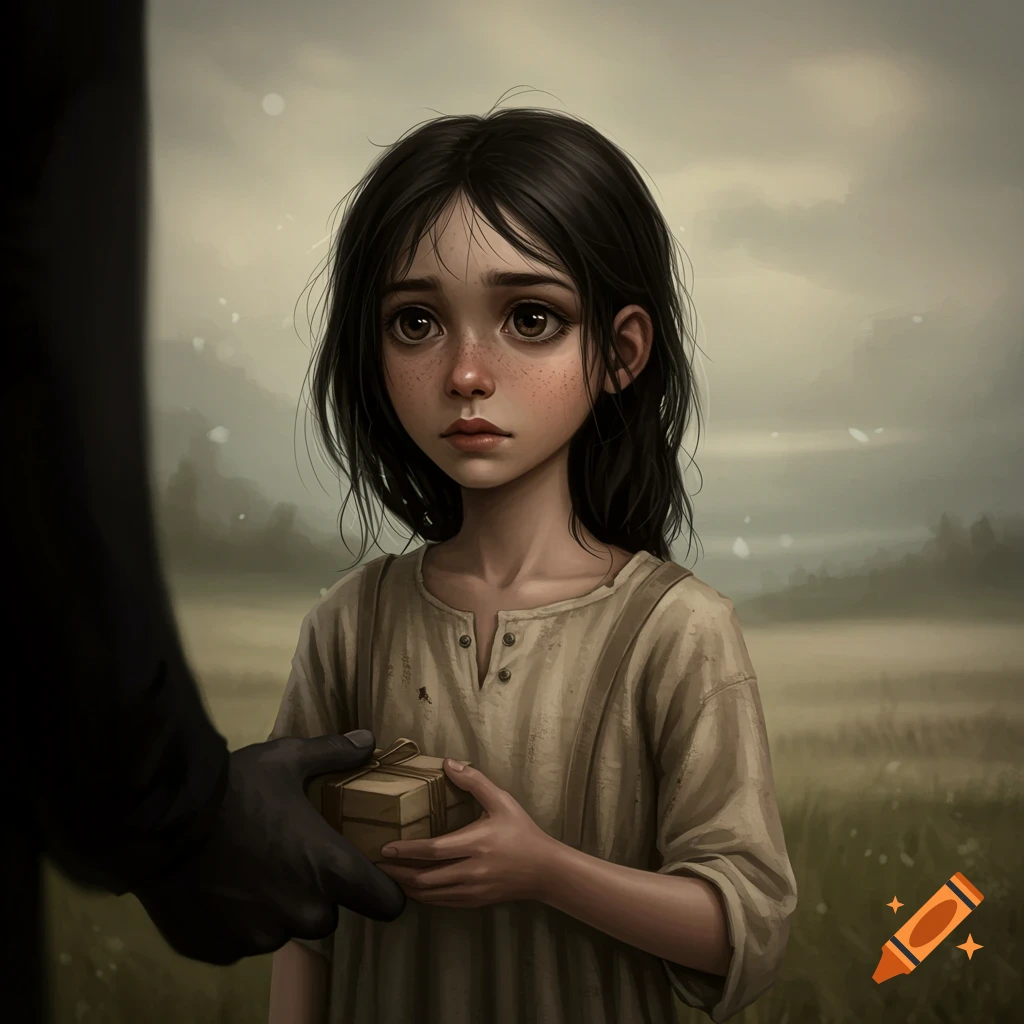 A girl is receiving a gift from a shadowy hand in a field.