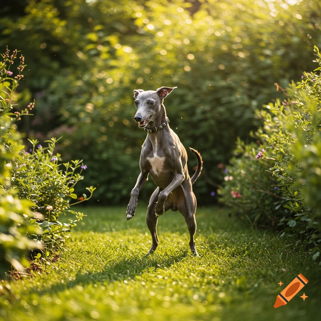 An Italian greyhound dog dancing and jumping in a sunlit garden.