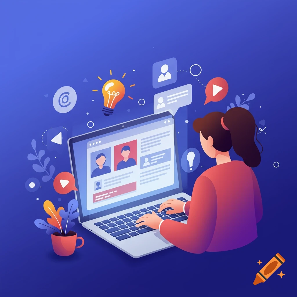 Flat illustration of a person using a laptop surrounded by icons representing online communication, profiles, and ideas.