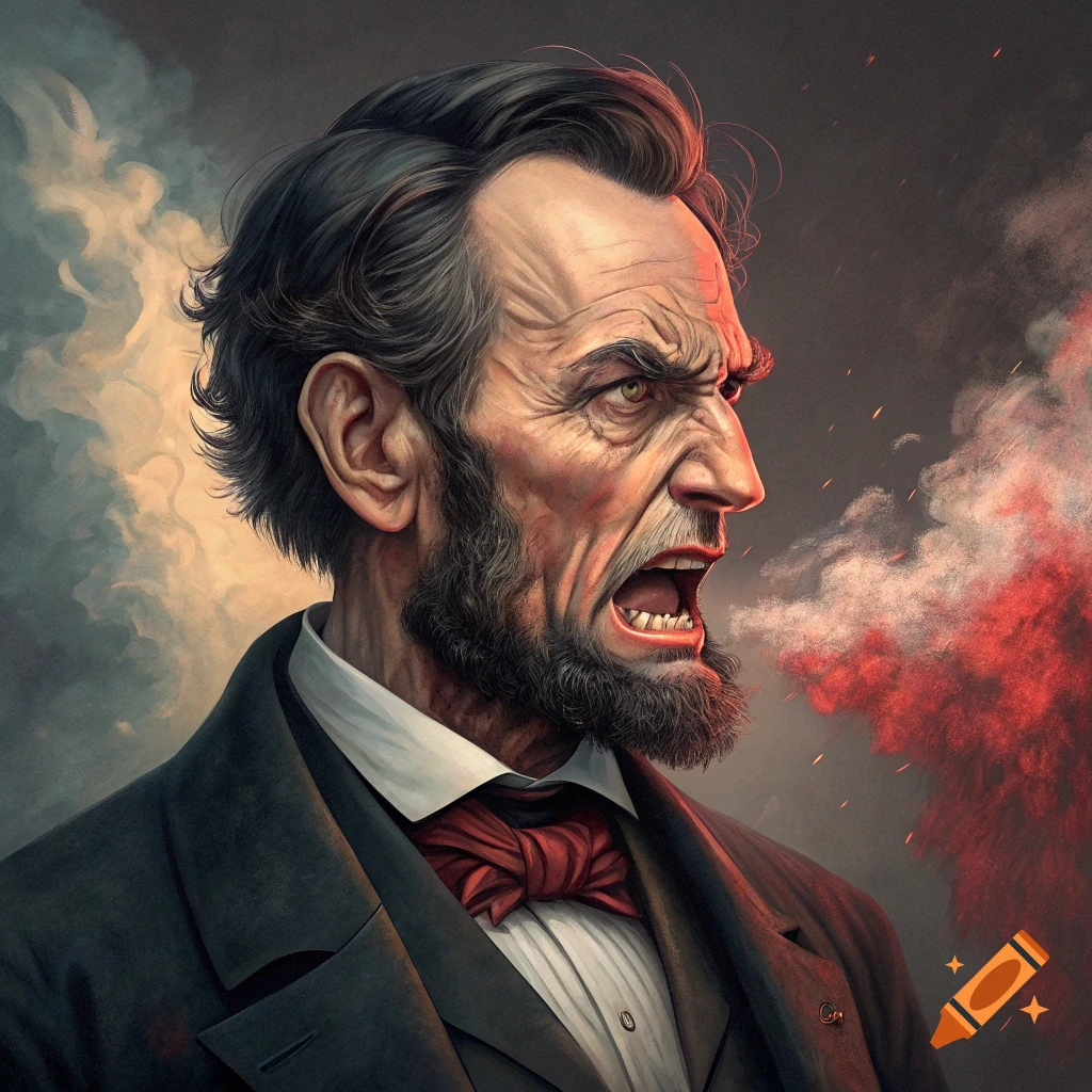 Stylized portrait illustration of Abraham Lincoln looking angry with smoke coming from his ears.