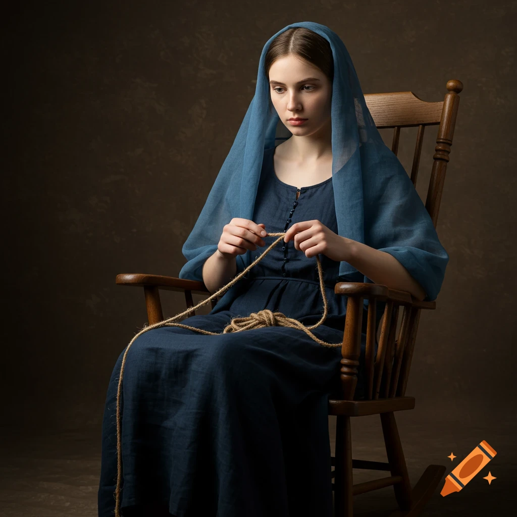 A woman wearing a dark blue dress and veil sits in a rocking chair, holding rope in her hands.