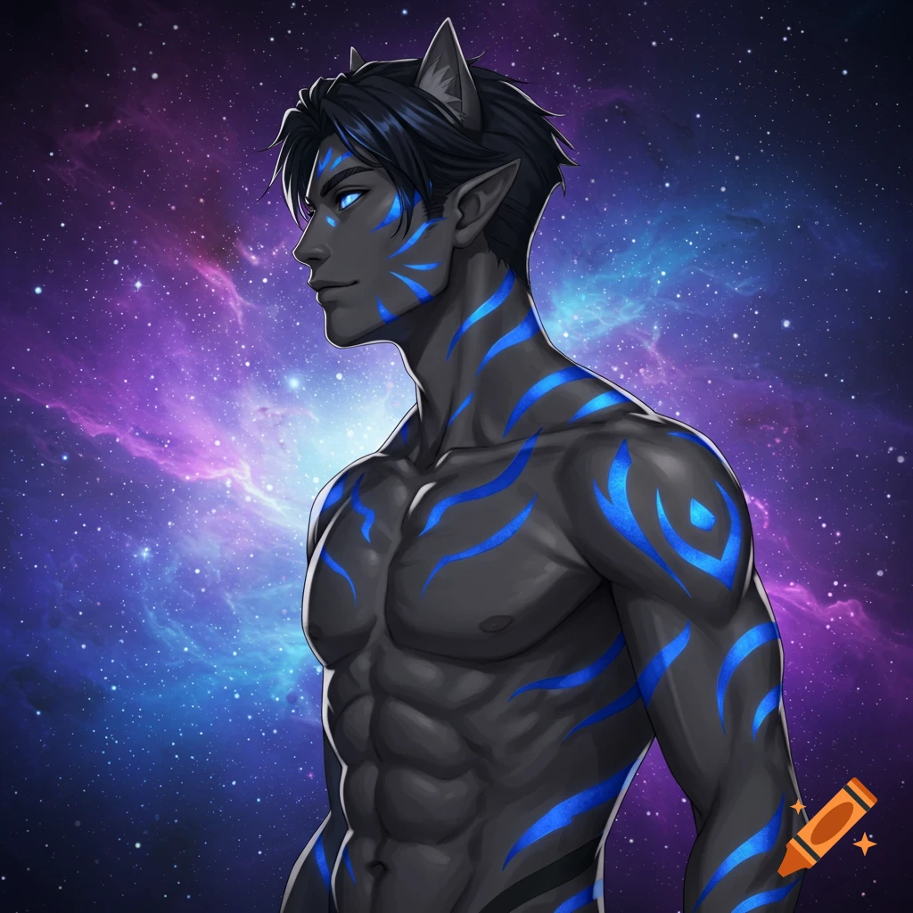 Anime style muscular male character with cat ears and glowing blue markings against a galaxy background.