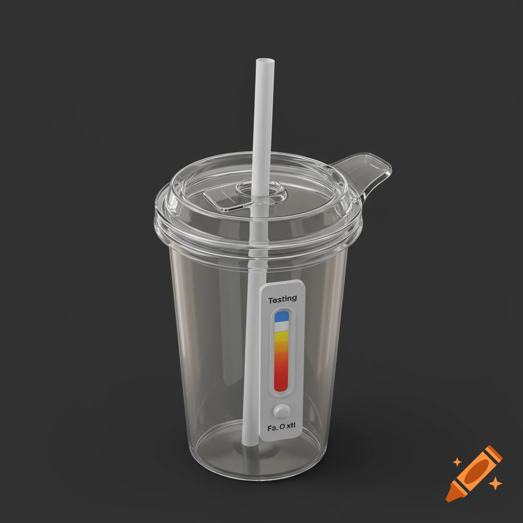 Clear plastic drink cup with a straw and a white testing strip inside on a dark background.