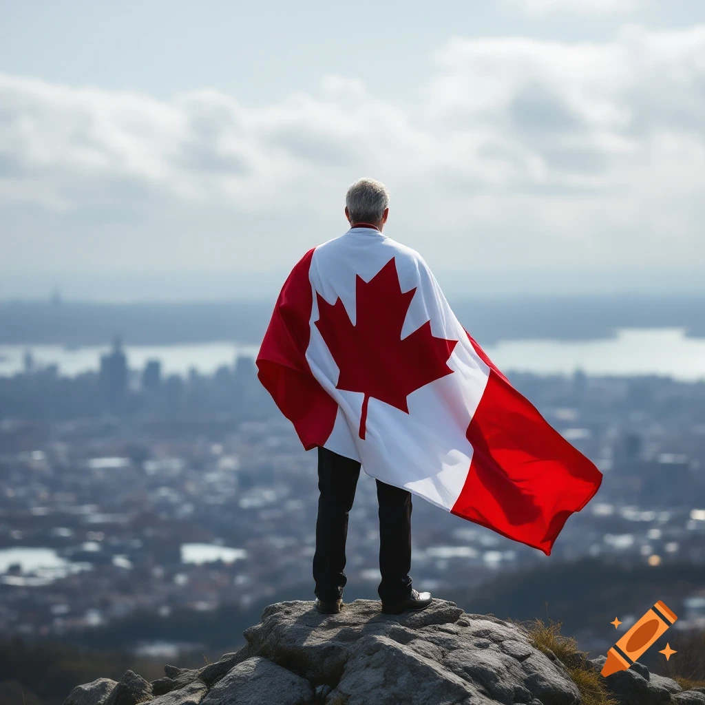 Person draped in a Canadian flag stands on a rock overlooking a city skyline.