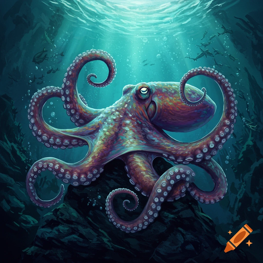 A colorful image of an octopus underwater with light rays filtering down.