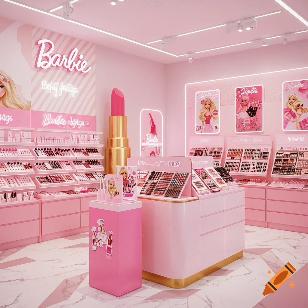 A pink and white Barbie-themed cosmetics store interior with makeup displays and Barbie posters.