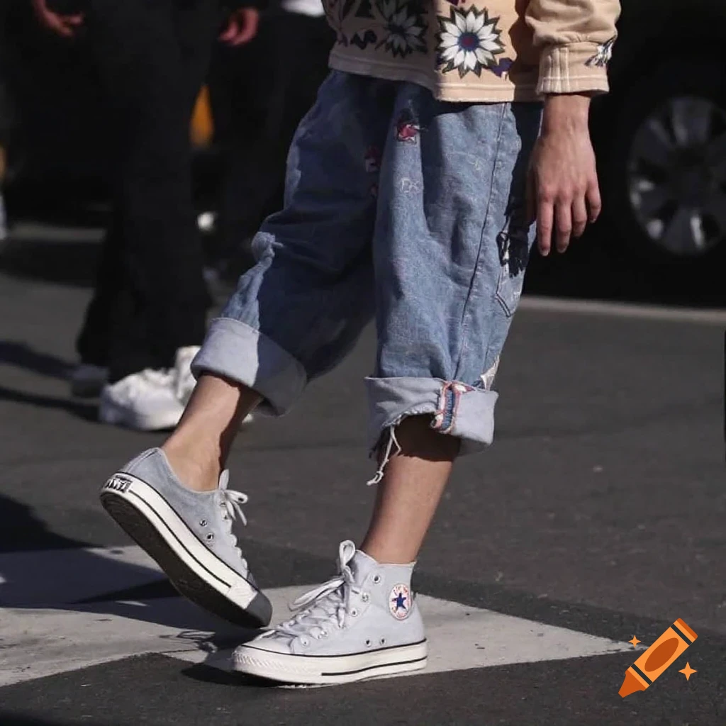 Person wearing rolled-up jeans and gray high-top sneakers on a crosswalk. Photographic style.