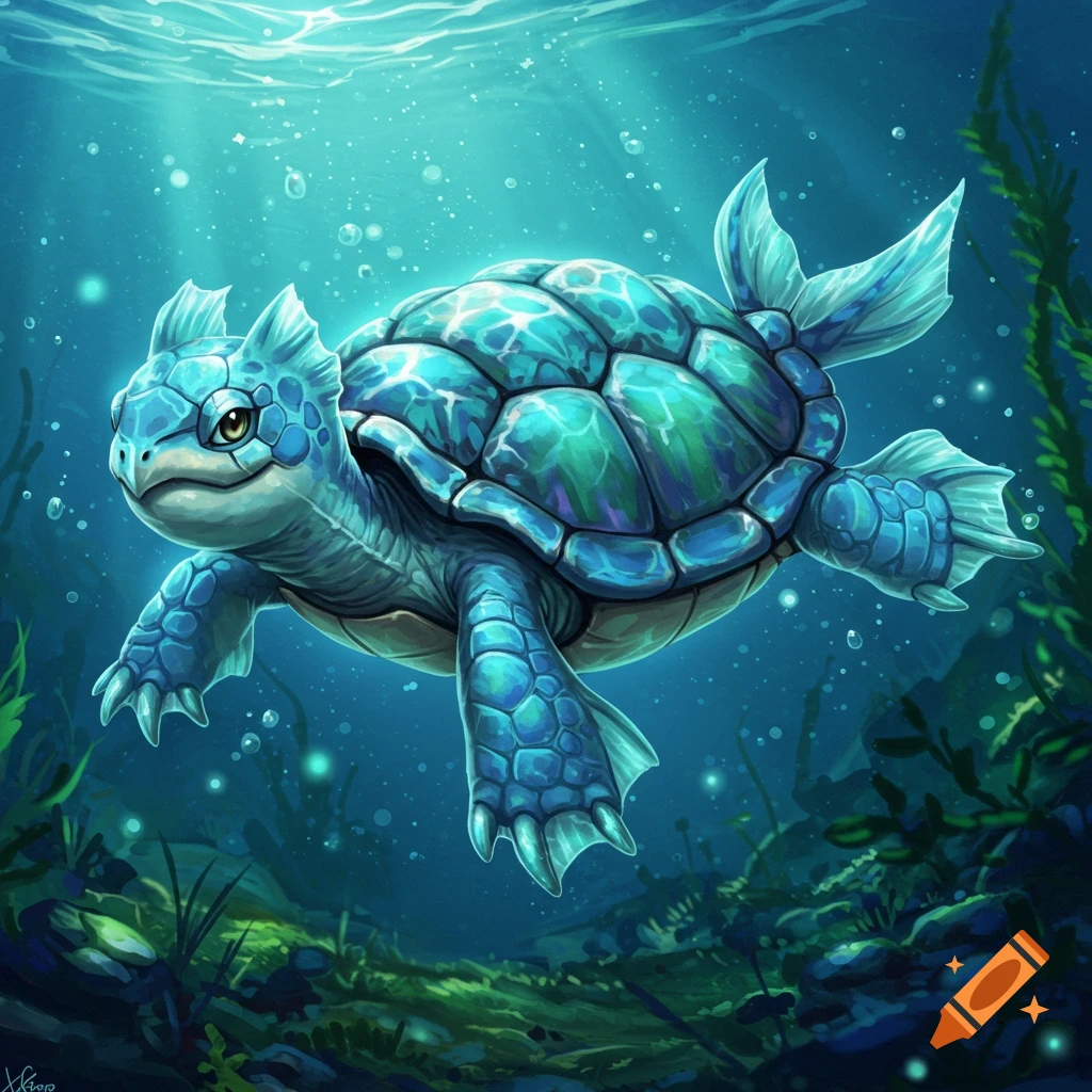 A blue fantasy turtle with webbed feet and tail swimming underwater.