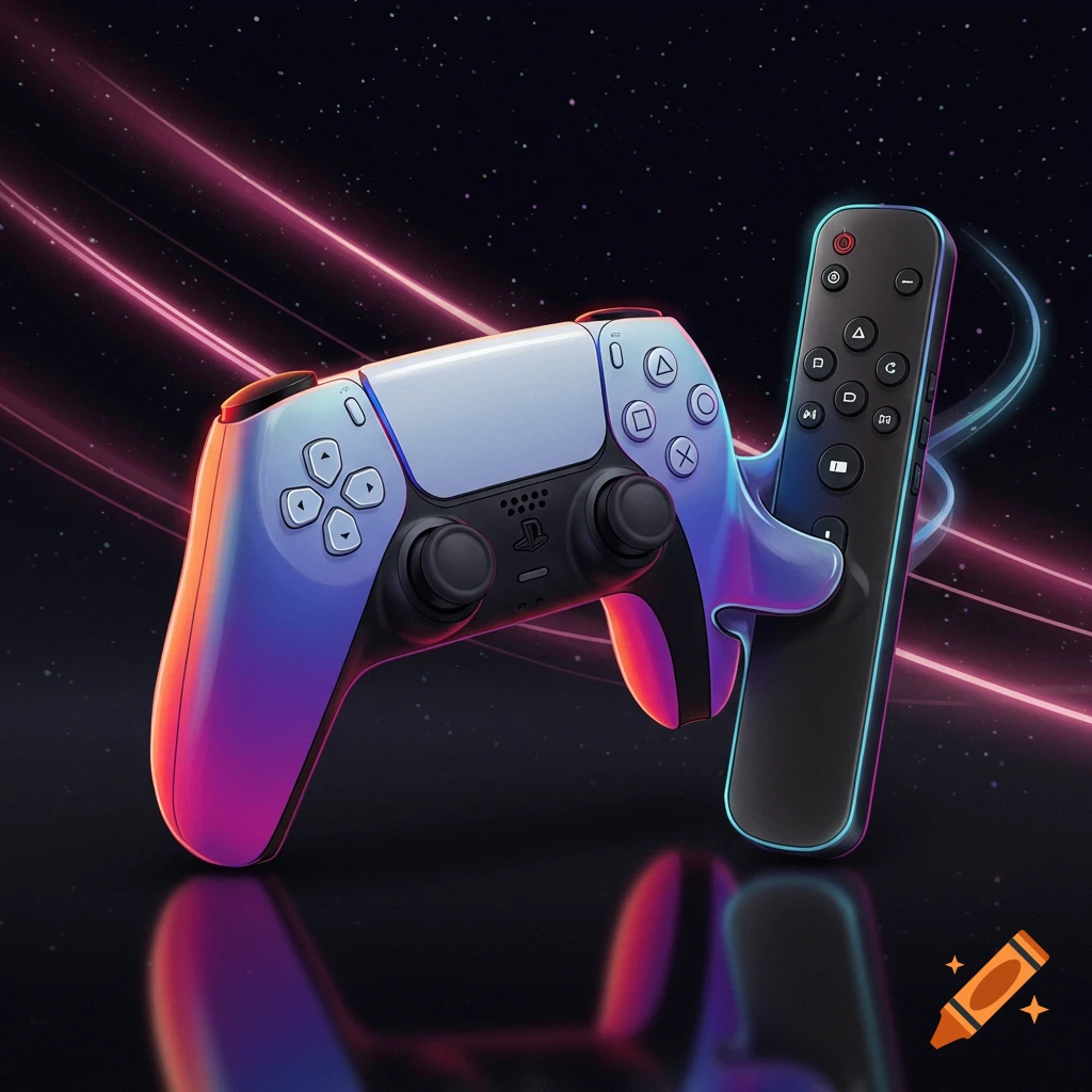 Glowing gaming controller and TV remote against a starry background with neon trails.