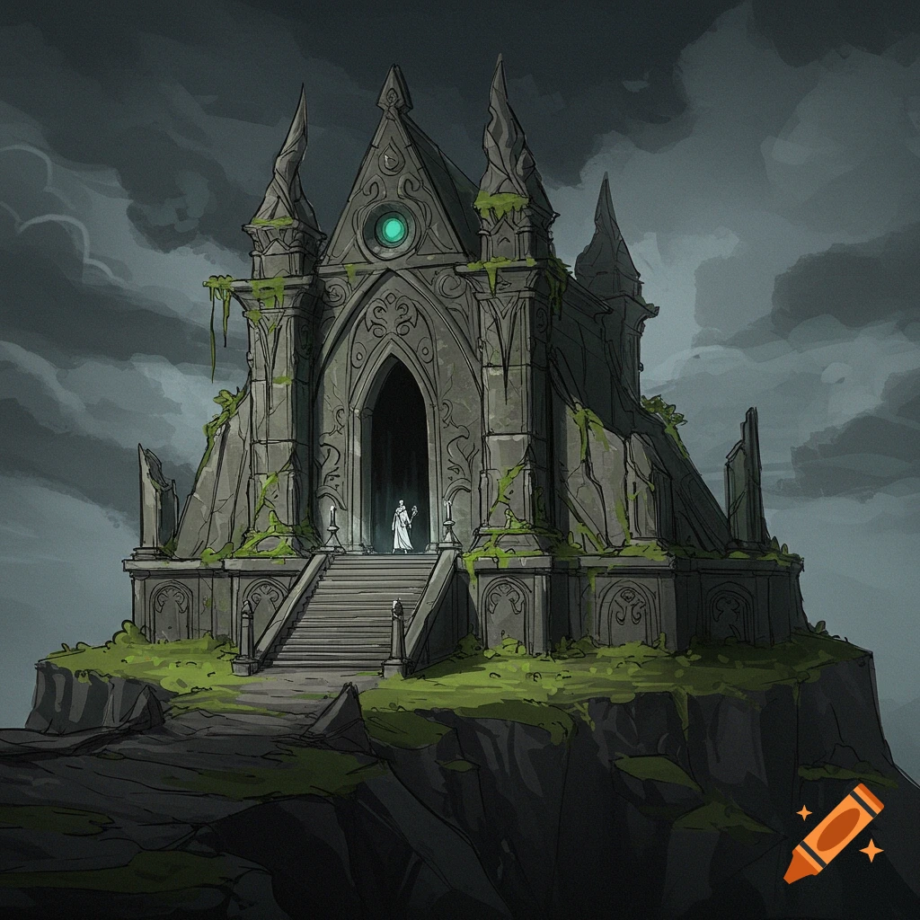 A sketch concept of an ancient stone shrine on a hill under dark clouds, with a robed figure standing at the entrance.