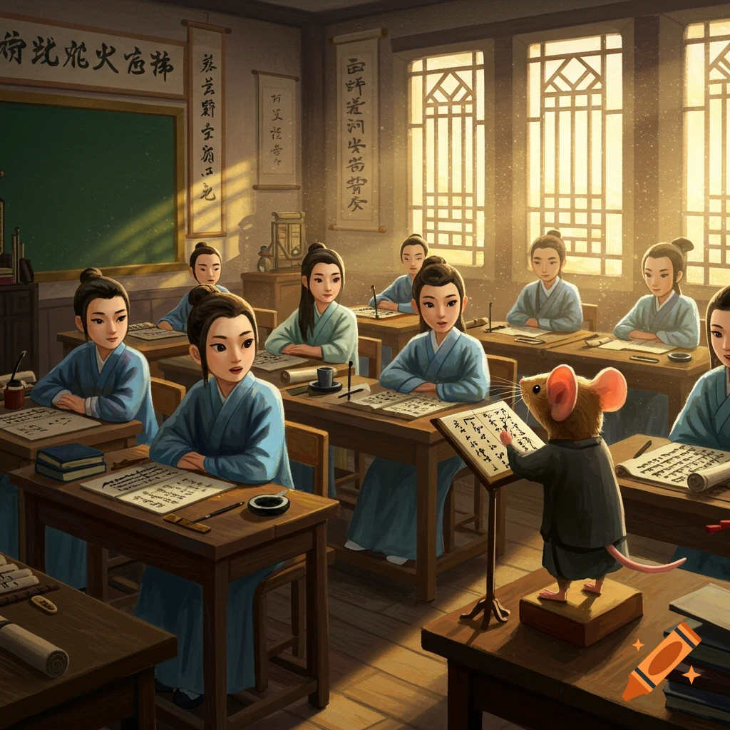 A mouse teacher instructs students in a historical Chinese classroom setting.