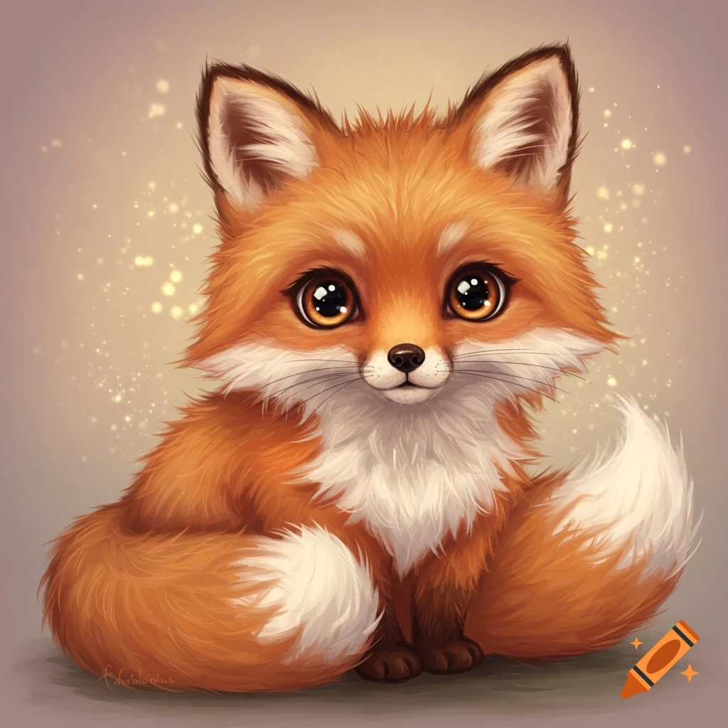 A cute fluffy fox with large eyes.