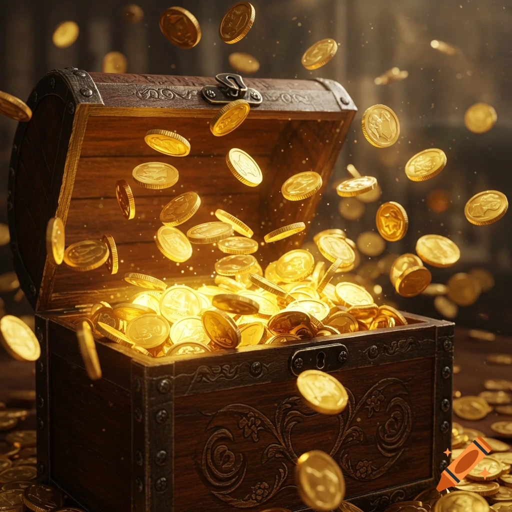 A treasure chest overflows with golden coins, some flying from it.