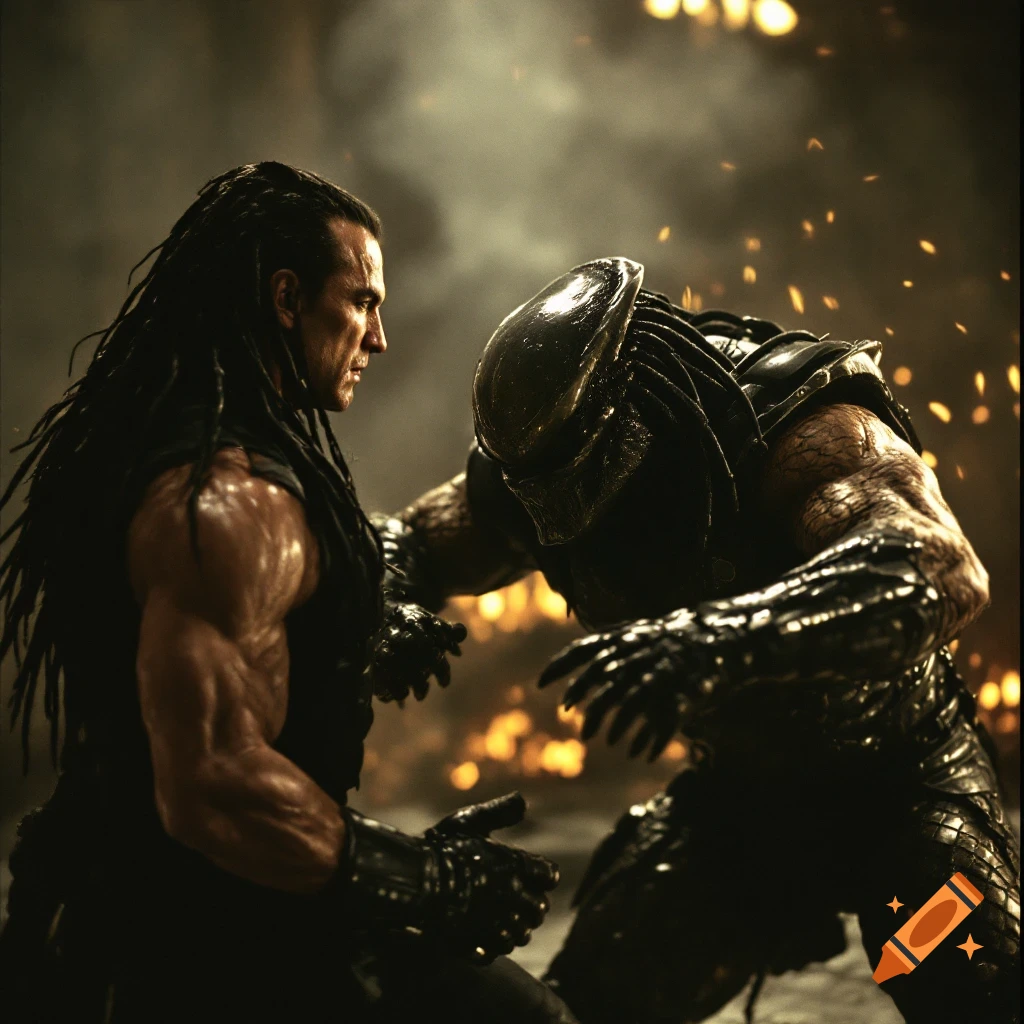 A man fights a Predator creature in a fiery battle.