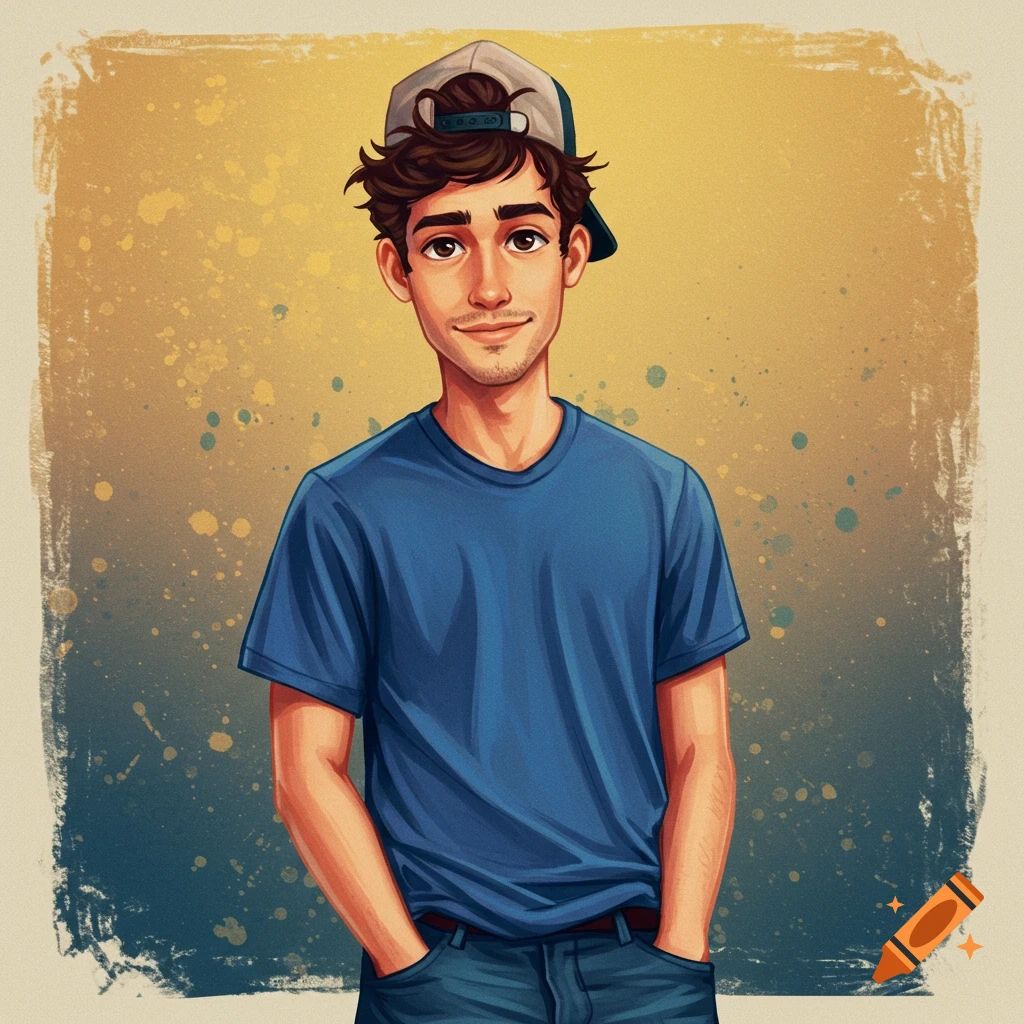A young man in a blue t-shirt and backwards baseball cap with hands in pockets against a yellow splatter background.