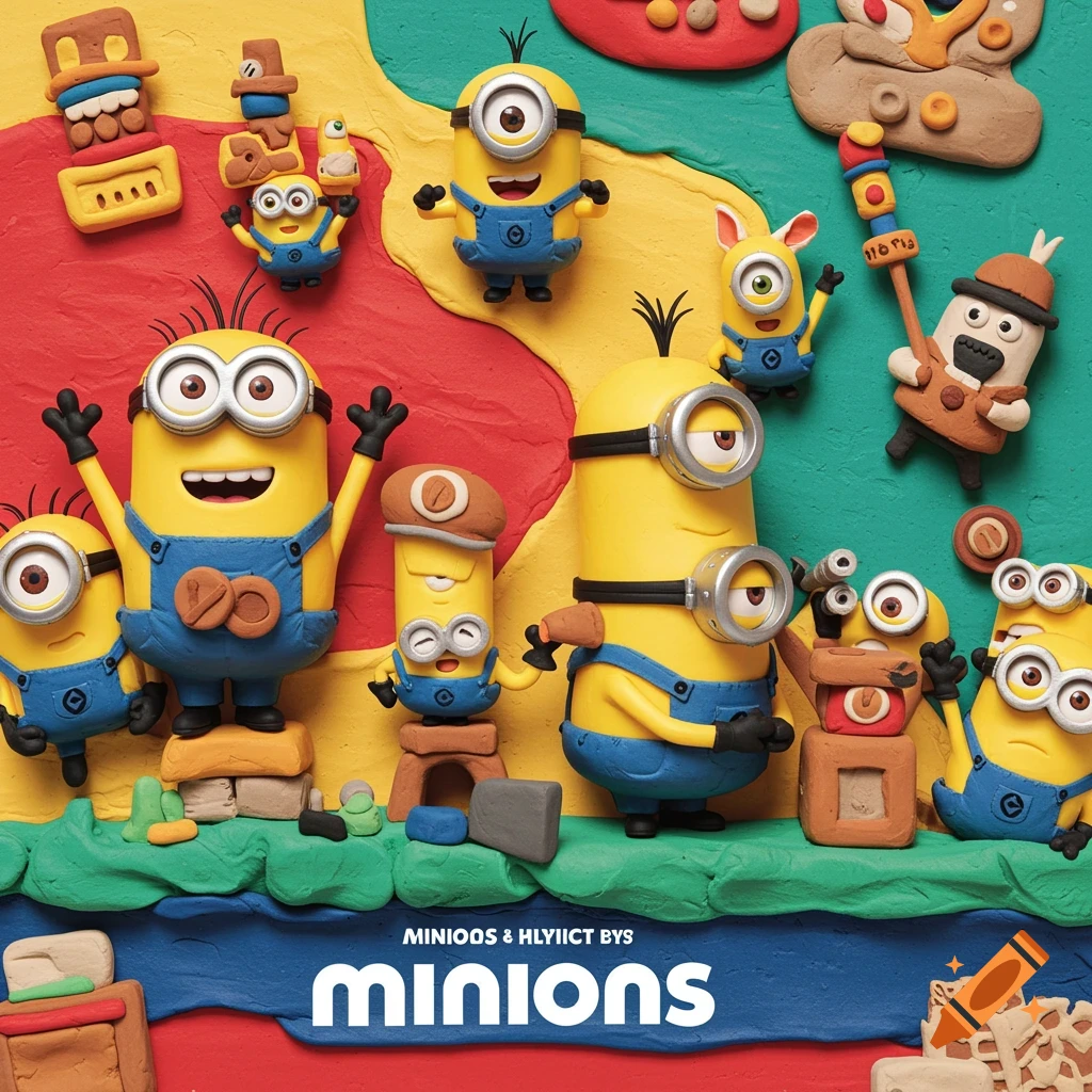 A Minions-themed poster in a clay craft style, featuring many Minions figures and the movie title.