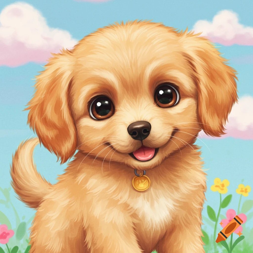 Cute puppy in a field of flowers under a blue sky.