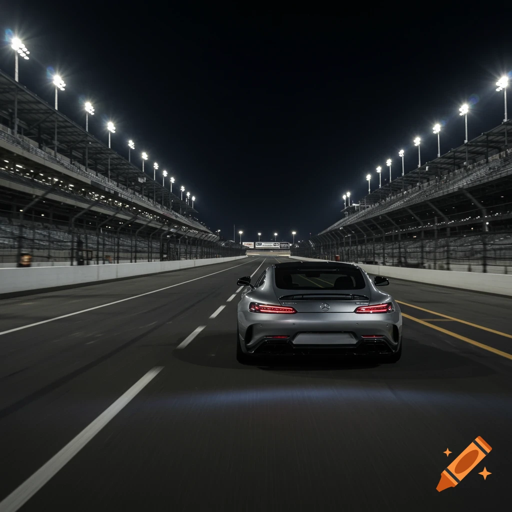 A gray sports car drives down a race track at night, illuminated by stadium lights.