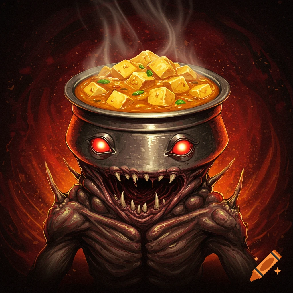 A monster with a pot of paneer curry for a head, glowing red eyes, and sharp teeth