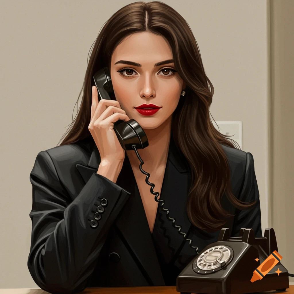 A woman in a suit is talking on a vintage telephone.